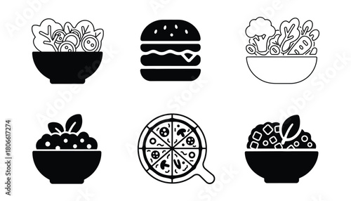 Black and white vector icons of salads pizza and burger on white background