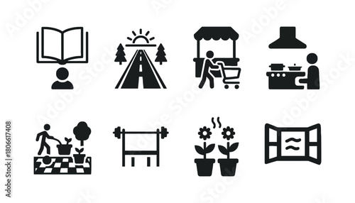 A collection of eight black and white lifestyle themed icon illustrations