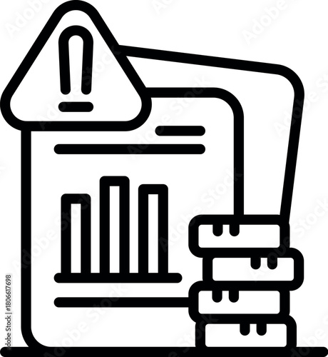 Declining bar graph on a document with an alert sign, next to a stack of coins, indicating financial crisis and economic trouble