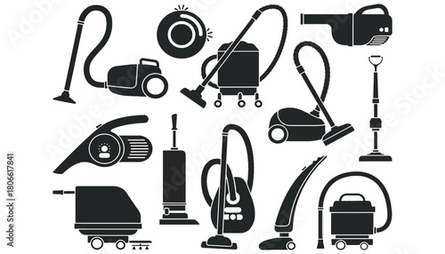 Collection of various vacuum cleaner silhouettes in black and white art