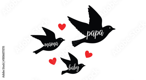 Silhouette family of birds with mama papa and baby with red hearts