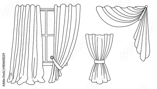 Illustration of window with curtains and different curtain styles