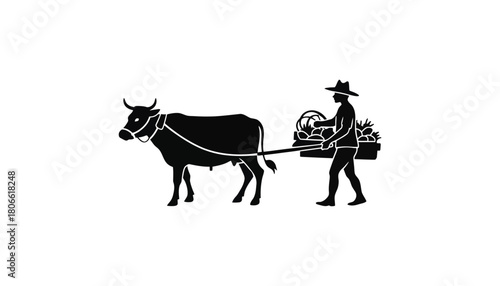 Silhouette of farmer with ox cart filled with produce on white background