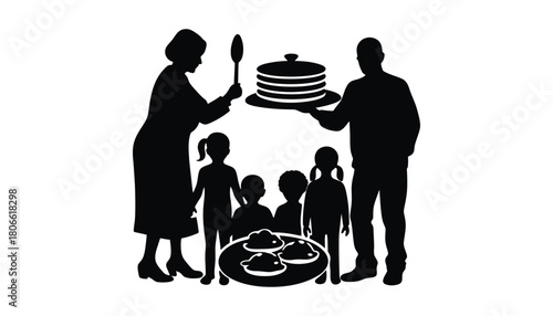 Silhouette of family with pancakes being served to children on plate