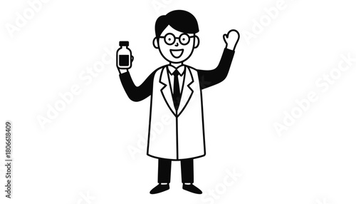 Scientist holding a bottle with one hand raised in a black and white art
