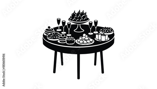 Black and white table filled with desserts and champagne glasses art