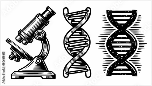 Detailed microscope with DNA double helix structures for biology and science projects