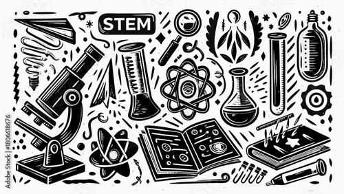 Explore science with this doodle art featuring a microscope, atoms, and research equipment