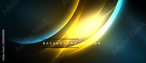 Abstract background features flowing lines, vibrant yellow, blue hues. Modern design evokes energy, dynamism. Dark space surrounds bright central elements.