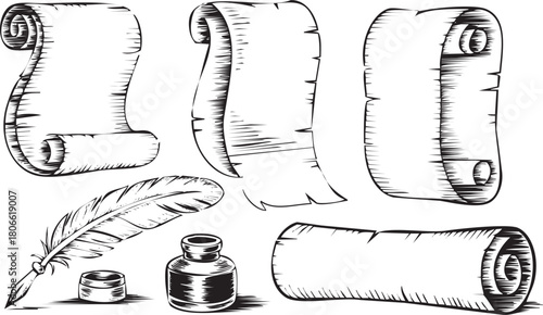 Collection of old scrolls, feather pen and inkwell isolated on