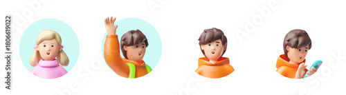 A set of 3D schoolchildren, close-up, in round blue frames, smiling, holding a smartphone, waving.