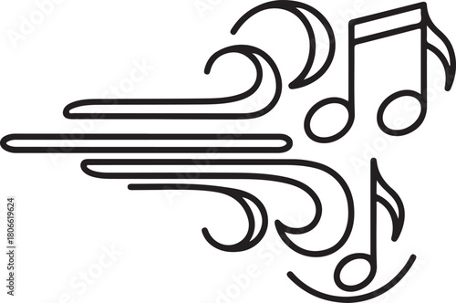 Air flow line icon wind blows musical notes outline symbol for sound design element weather forecast sign or singing concept