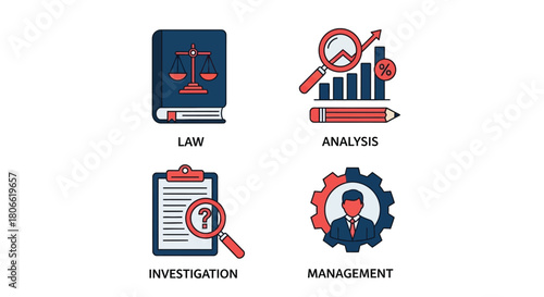 Vector illustration of four business concept icons law, analysis, investigation, management