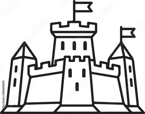 Detailed medieval fortress castle structure with multiple towers battlements and flags flying on top outline vector