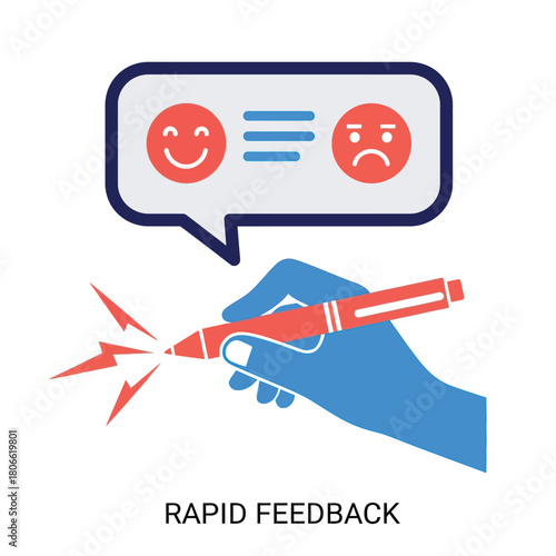 Vector illustration of hand holding pen with feedback icons in speech bubble