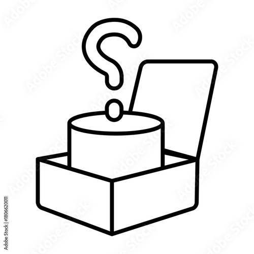 Product box with cylinder hat and question mark thin line icon, gaming theme concept. Vector graphics. Unknown prize, package sign on white background, style icon mobile or web design.