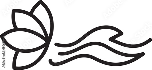 Minimalist black line art vector icon depicting a beautiful lotus flower and three flowing water waves symbolizing purity, organic wellness, and peaceful nature.