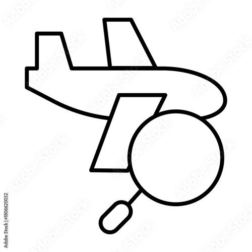 Aircraft with magnifier thin line icon, air travel booking concept. Vector graphics. Airplane flight search, wayfinding sign on white background, style icon mobile or web design.