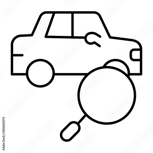 Car with magnifier thin line icon, air travel booking concept. Vector graphics. Taxi vehicle search, wayfinding sign on white background, style icon mobile or web design.