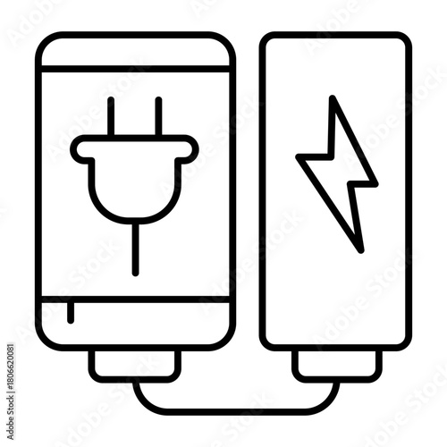 Smartphone with power bank thin line icon, technology concept. Vector graphics. Portable device charging, energy sign on white background, style icon mobile or web design.