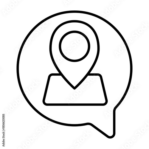 Dialog popup with map and location pin thin line icon, traveler survey concept. Vector graphics. Traveler message, wayfinding sign on white background, style icon mobile or web design.