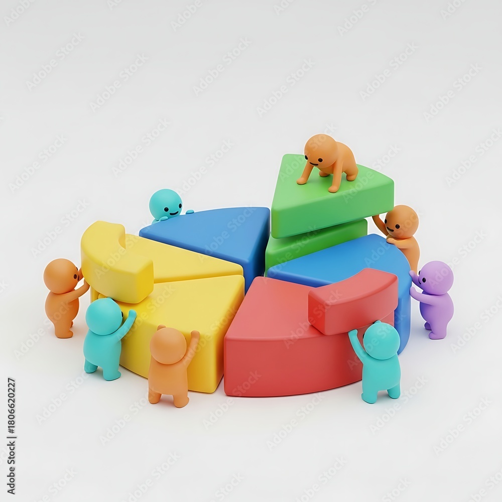 Obraz premium Toy figures working together on a pie chart segment concept