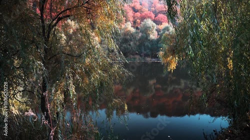 

Soldier Lake. A lake in a mountainous area with different vegetation. Bright juicy autumn leaves, leaf fall and reflection in the water.