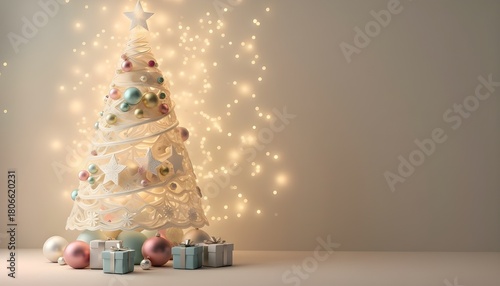 A festive white Christmas tree is decorated with ornaments and a star. The tree is surrounded by glowing lights and small, wrapped gifts.