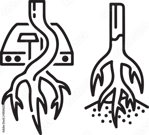 Set of two abstract root icons showing tree growth intertwined with human structure and separate root in ground line art