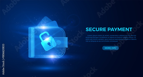 Banner with a digital wallet with a secure lock, neon blue, glowing effect, secure payment.
