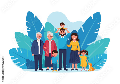 Happy Multi-Generational Family Flat Vector Illustration: Grandparents, Parents, Children, and Dog Standing Together in Abstract Nature Background