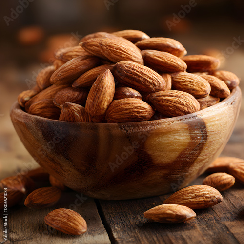 A wooden bowl overflowing with almonds, showcasing their rich brown color and textured surface, set against a rustic wooden table with scattered nuts around it