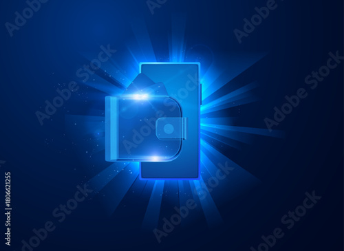 Digital wallet and smartphone glowing, mobile internet banking, money transaction, e-commerce service finance technology