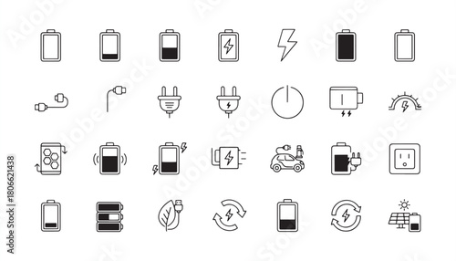 Charging & Power Icon Set – Battery, Electricity, Plug, Charger, Fast & Wireless Energy Vector