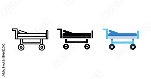 Different styles of hospital beds: outline, solid, and colored icons on white background