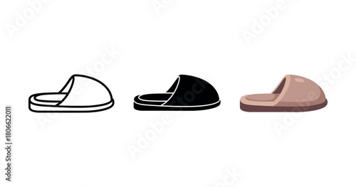 Minimalist set of cozy slipper icons in black, white, and brown