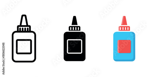 Variety of glue bottle icons: outline, black silhouette, colorful design