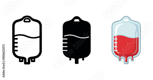 Set of medical blood bag icons in outline, silhouette, and colorful styles