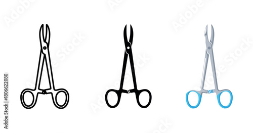 Medical scissors trio: outline, silhouette, and realistic surgical tools