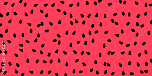 A vibrant pink background speckled with numerous small, black, seed-like shapes, creating a playful and textured pattern.