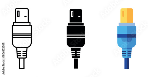 Usb cable design variations: outline, solid, and colorful style comparison