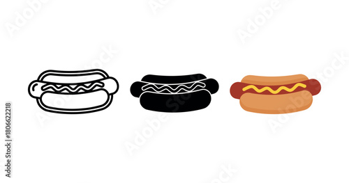 Trio of hot dog icons: outline, silhouette, colored version with mustard