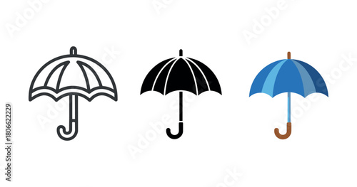 Set of three umbrella icons in different styles on white background