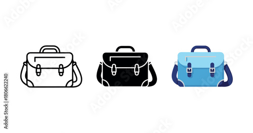 Three stylish briefcase icons: outline, silhouette, and blue design on white