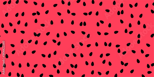 Abstract graphic pattern of watermelon flesh with scattered black seeds creating a vibrant summer background.
