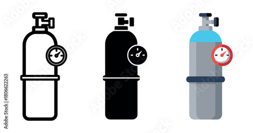 Three stylized oxygen tanks with pressure gauges in different designs and colors