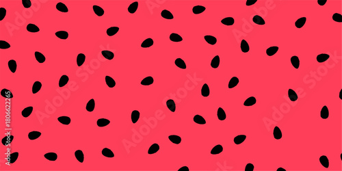 A vibrant and colorful image featuring a watermelon pattern with black seeds on a red background.