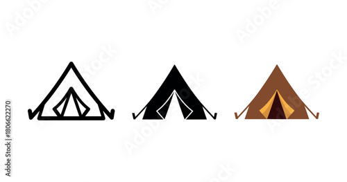Camping tent icons: black and brown minimalist designs in triangle shape