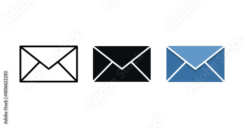 Set of three mail envelope icons in different colors on white background