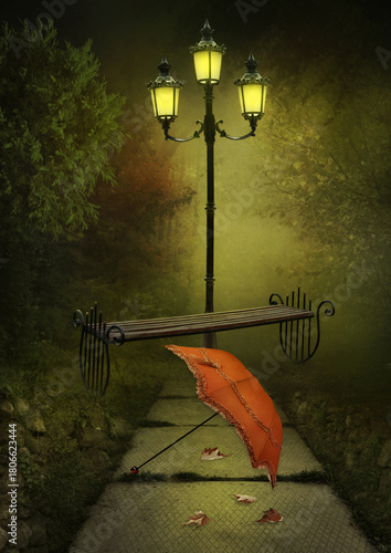 Night city park. City bench, lit three-lamp lantern, dark orange umbrella on a stone path in a night city park. Digital art.